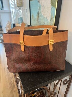 Etro Vintage Paisley Tote with Tan Leather Trim